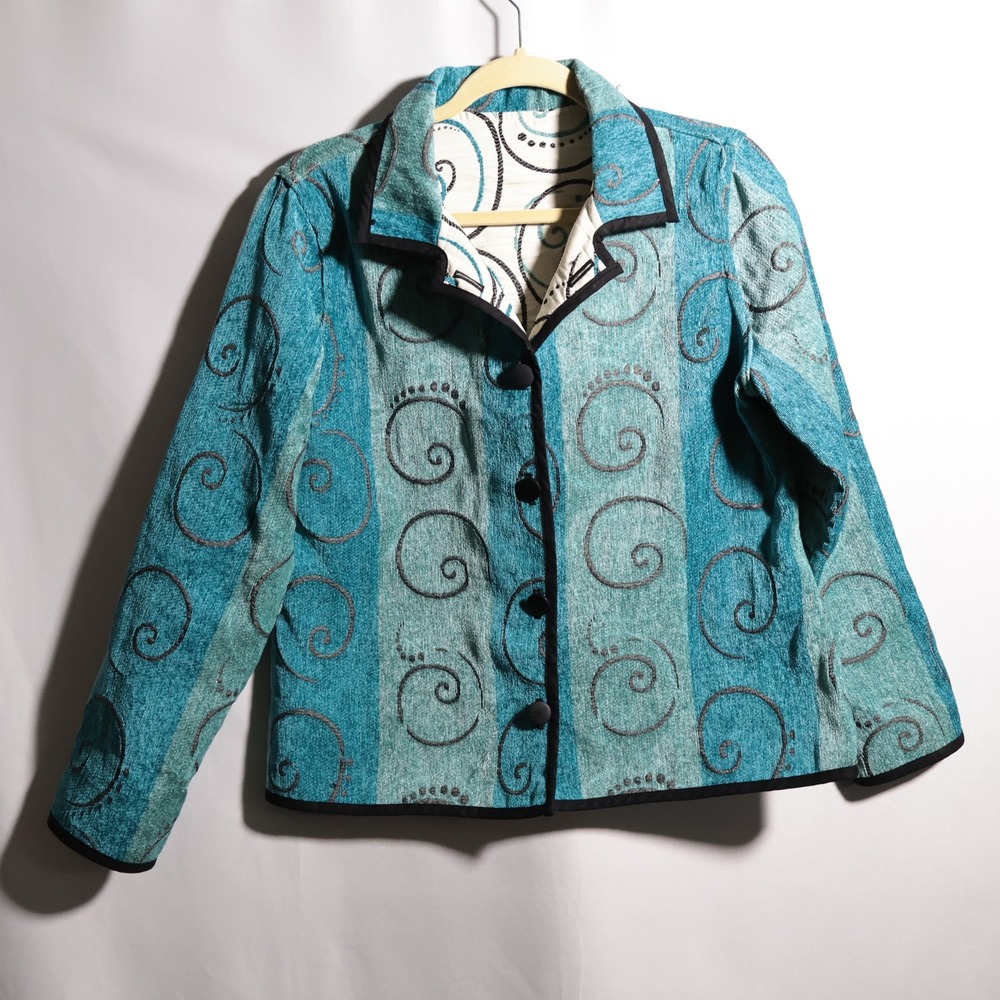Mia Reis Reversible Jacket Teal Chenille White Embroidered Swirl Whimsical Art L